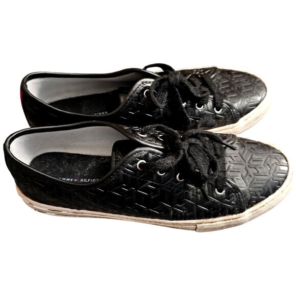Tommy Hilfiger Womens Black Embossed Sneakers With Red & White Stripe Detailing - Picture 1 of 8